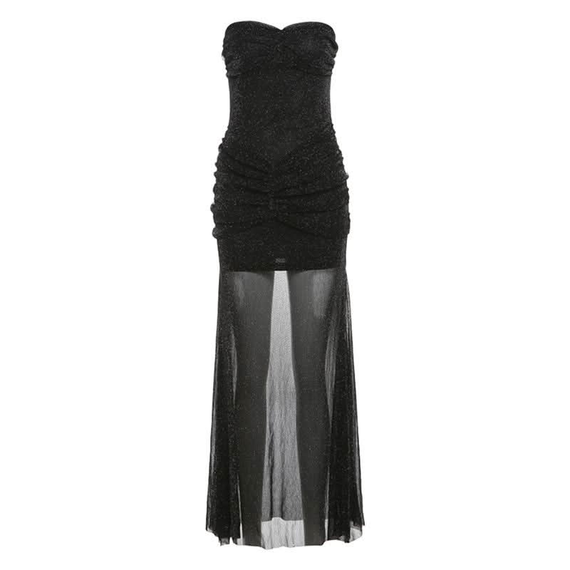 Sweetheart neck ruched mesh solid maxi dress  | Festival Outfits Women