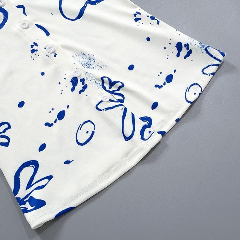 Turnover collar button contrast print long sleeve top-final-sale  | Festival Outfits Women