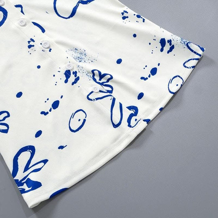 Turnover collar button contrast print long sleeve top-final-sale  | Festival Outfits Women