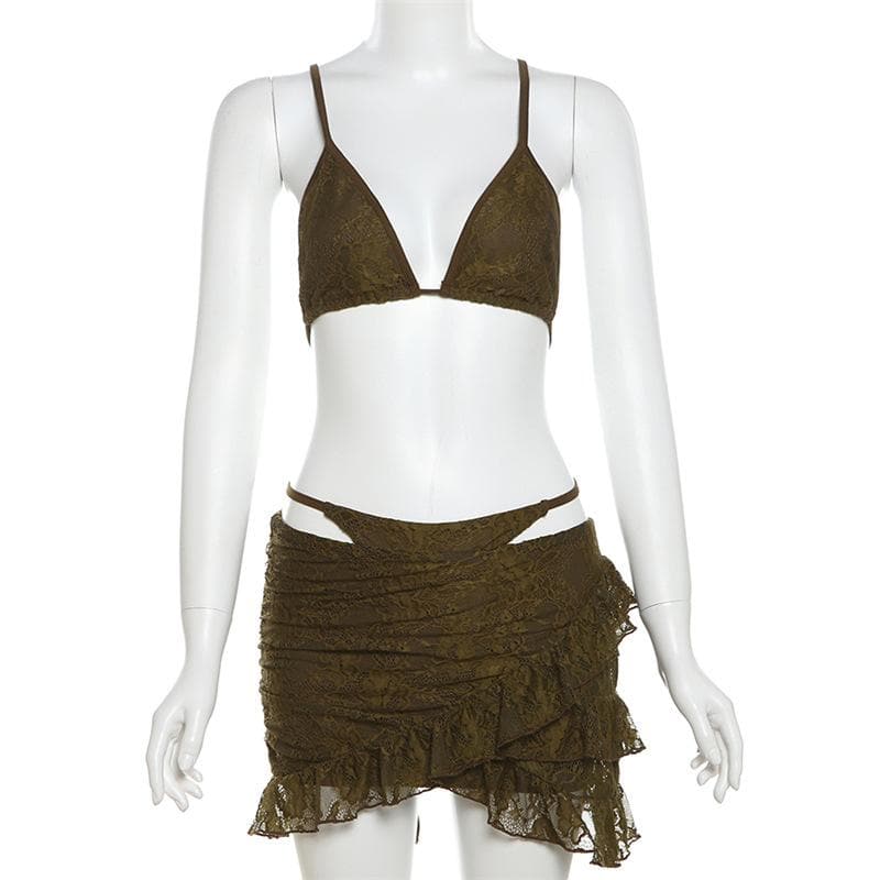 Lace ruffle cami 3 piece mini skirt set  | Festival Outfits Women