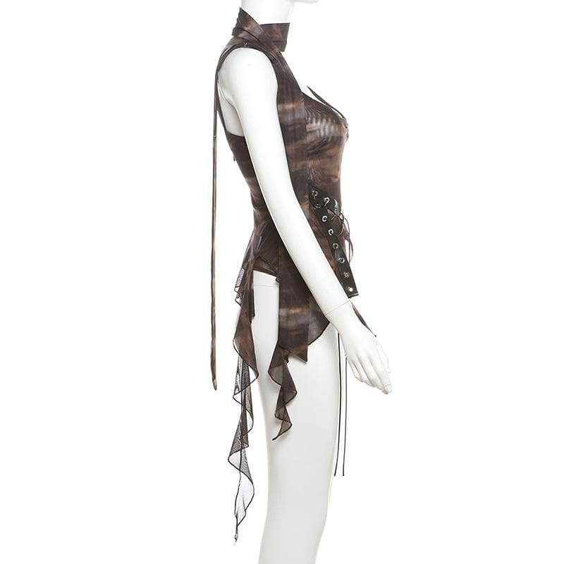Glove tie dye sheer mesh patchwork ruffle top  | Festival Outfits Women