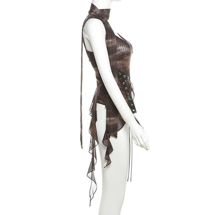 Glove tie dye sheer mesh patchwork ruffle top  | Festival Outfits Women