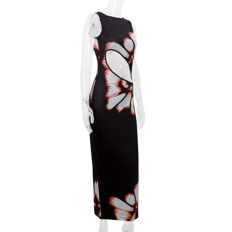 Crewneck hollow out print tank cut out maxi dress  | Festival Outfits Women