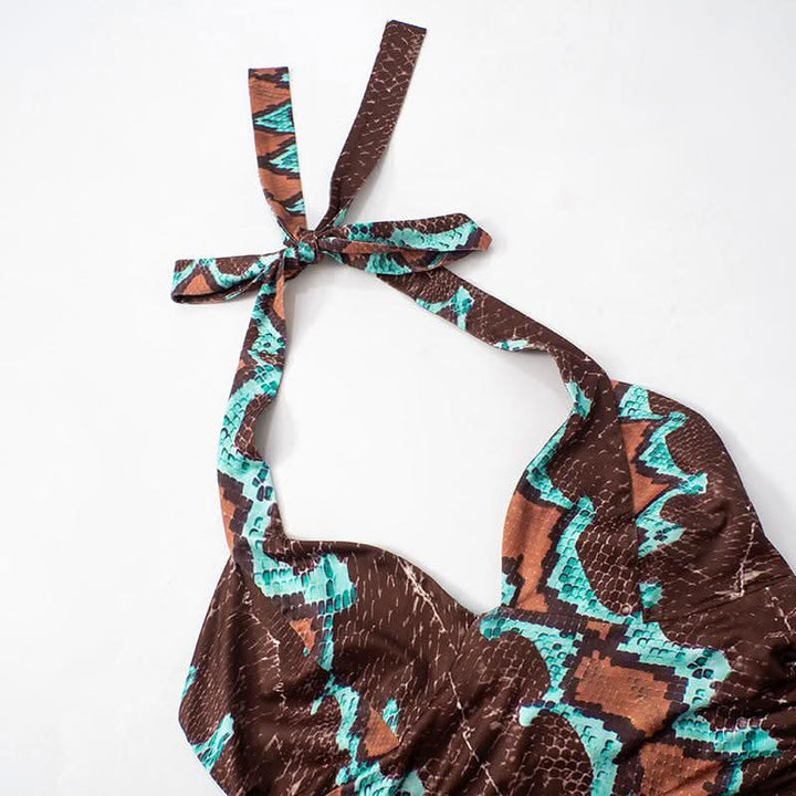 Ruched self tie halter v neck print contrast top  | Festival Outfits Women