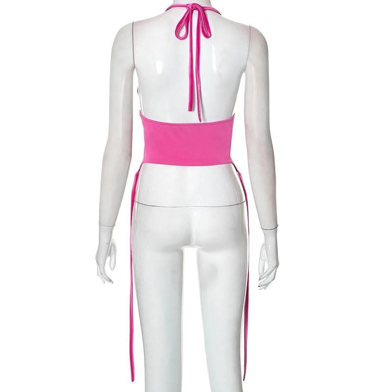 Hollow out self tie halter backless v neck crop top-final-sale  | Festival Outfits Women