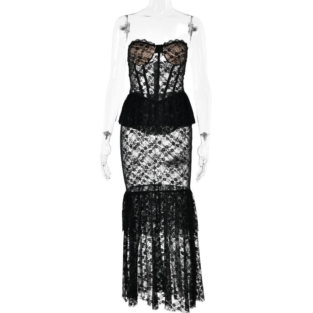 Sweetheart neck lace see through bustier ruched tube maxi dress  | Festival Outfits Women