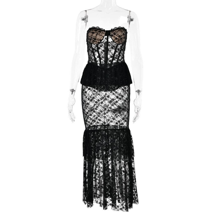 Sweetheart neck lace see through bustier ruched tube maxi dress  | Festival Outfits Women