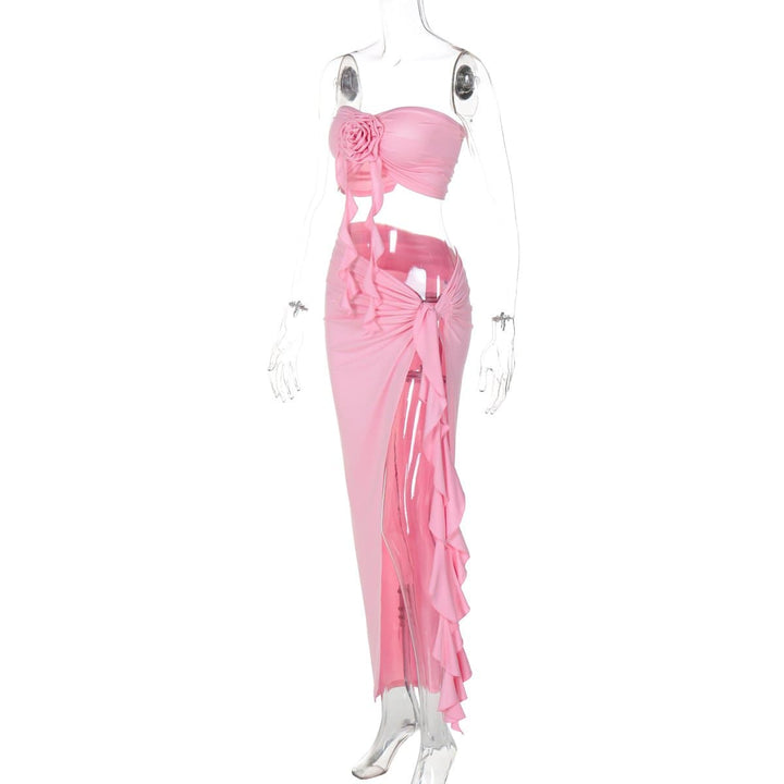 Flower applique ruffle high slit ruched tube skirt set  | Festival Outfits Women