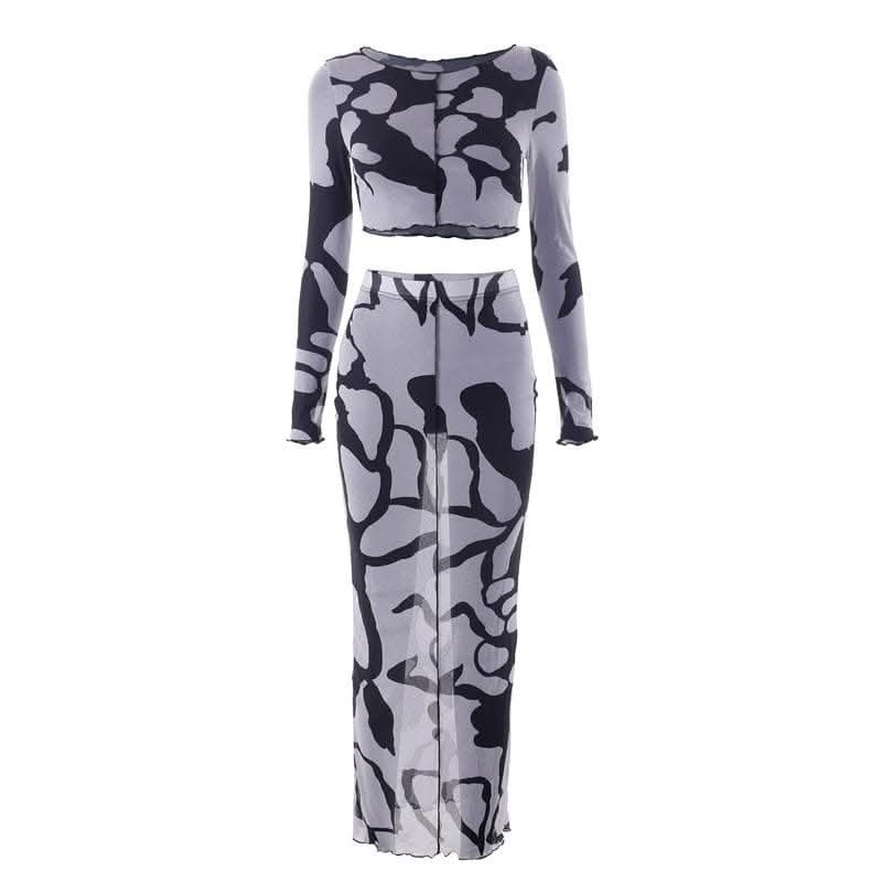 Sheer mesh see through long sleeve stitch contrast maxi skirt set-final-sale  | Festival Outfits Women
