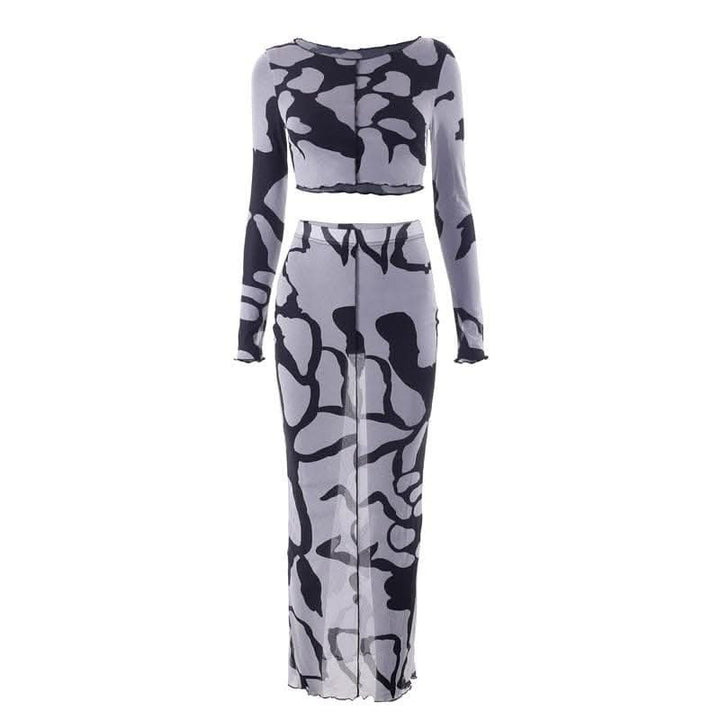 Sheer mesh see through long sleeve stitch contrast maxi skirt set-final-sale  | Festival Outfits Women