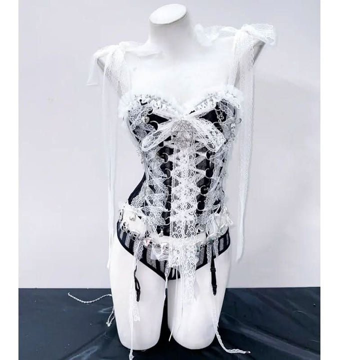 Skull applique lace hem self tie v neck lace up top  | Festival Outfits Women