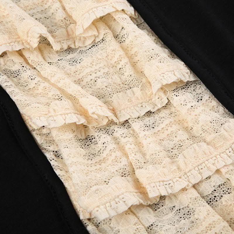 Lace patchwork contrast long sleeve self tie top-final-sale  | Festival Outfits Women