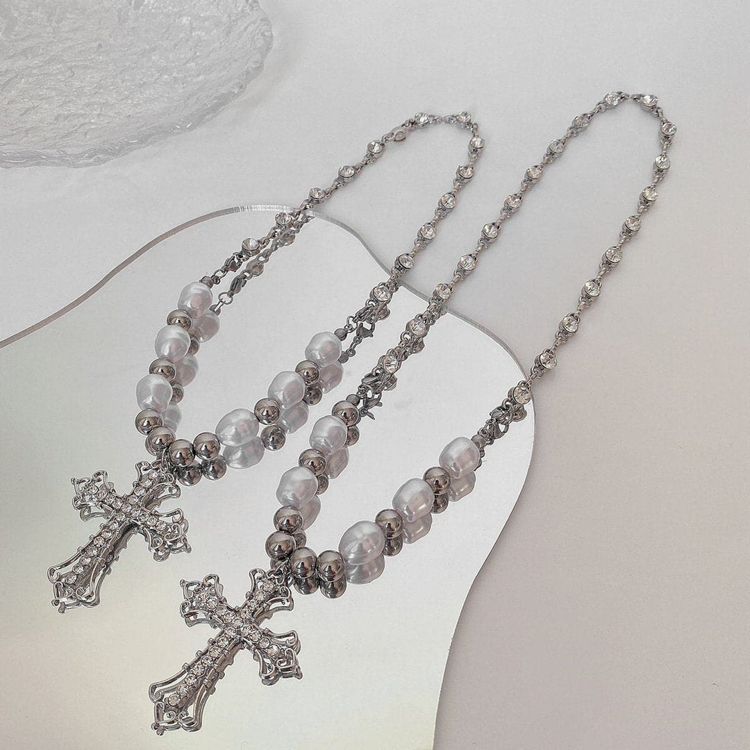 Beaded cross pendant rhinestone necklace  | Festival Outfits Women
