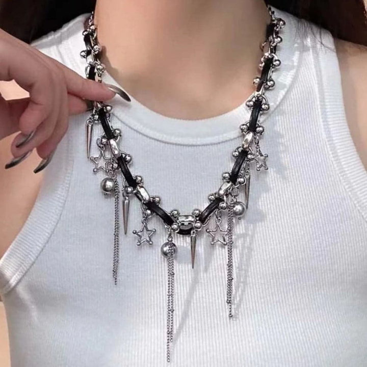 Beaded star rivet tassels PU leather necklace  | Festival Outfits Women