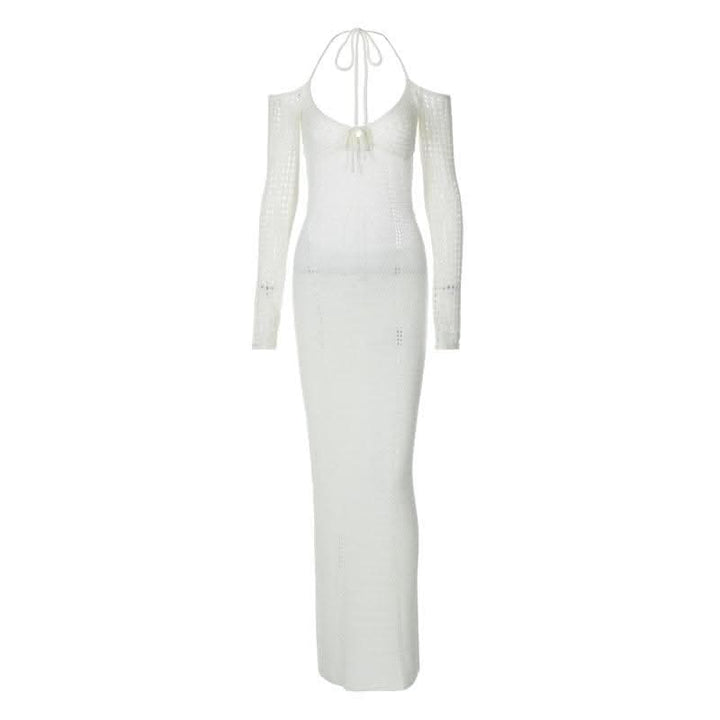 Long sleeve off shoulder halter knitted backless maxi dress-final-sale  | Festival Outfits Women