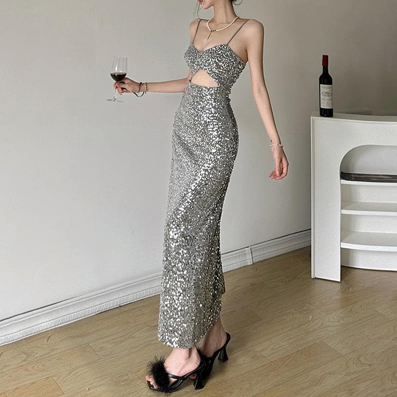Glitter hollow out cami cut out midi dress  | Festival Outfits Women
