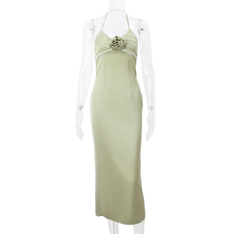 Flower applique zip-up halter ruched slit solid midi dress-final-sale  | Festival Outfits Women