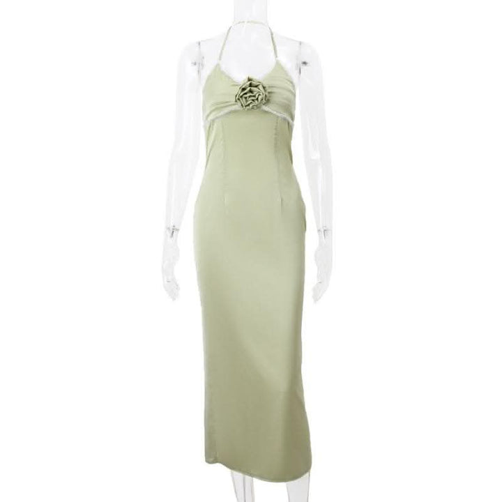 Flower applique zip-up halter ruched slit solid midi dress-final-sale  | Festival Outfits Women
