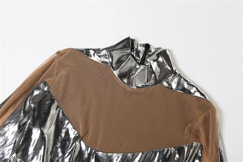 Metallic zip-up long sleeve gloves mesh patchwork high neck jumpsuit-final-sale