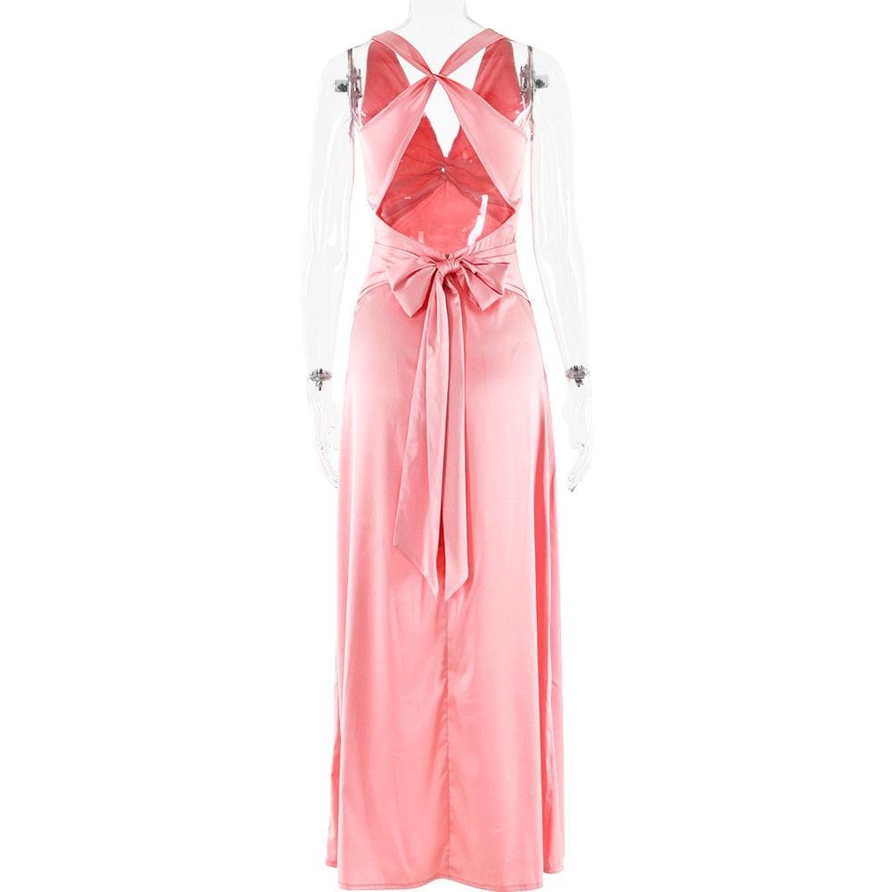 Ruched bowknot v neck satin cross back maxi dress  | Festival Outfits Women
