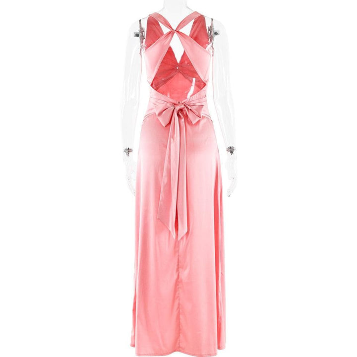 Ruched bowknot v neck satin cross back maxi dress  | Festival Outfits Women