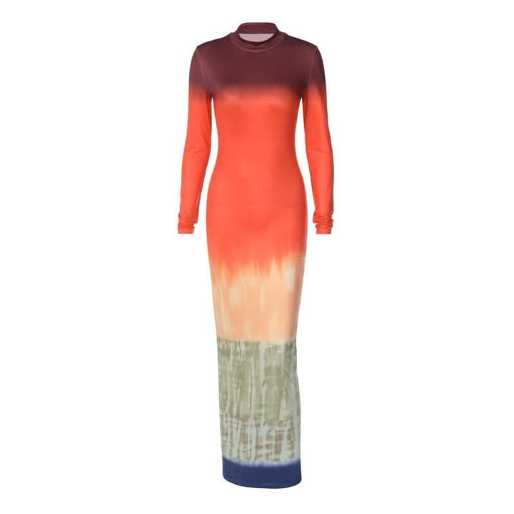Tie dye print long sleeve high neck contrast maxi dress-final-sale  | Festival Outfits Women