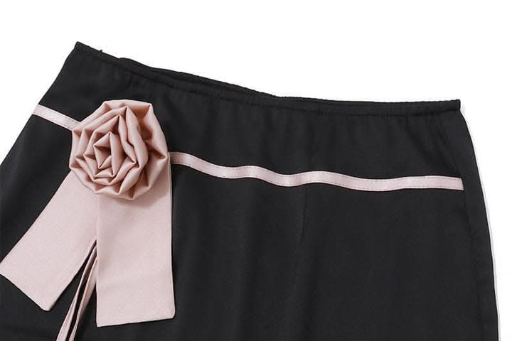Off shoulder self tie flower applique zip-up button mini skirt set-final-sale  | Festival Outfits Women