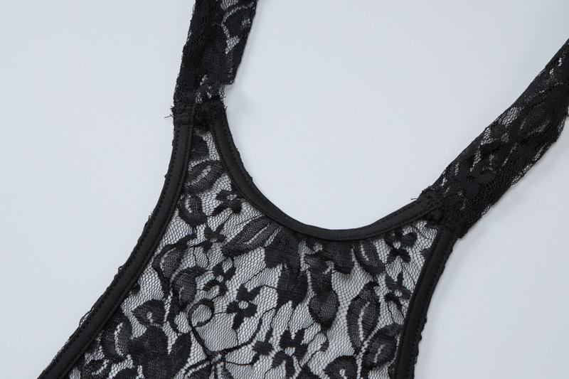 Lace see through halter backless solid mini dress