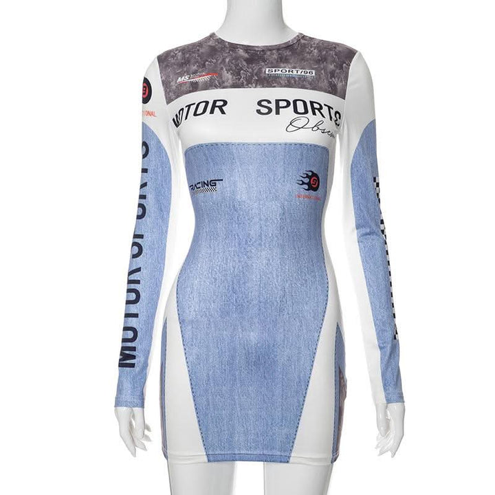 Contrast print long sleeve crewneck mini dress-final-sale  | Festival Outfits Women