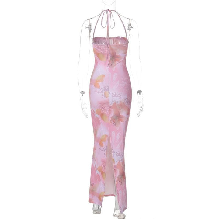 Halter print ruched bustier high slit knotted maxi dress  | Festival Outfits Women
