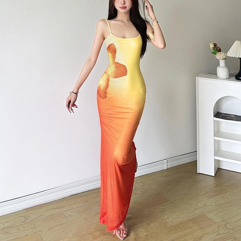 U neck gradient flower print cami maxi dress  | Festival Outfits Women