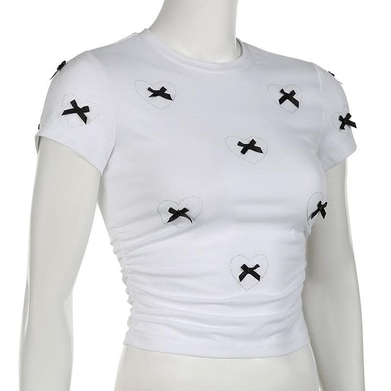 Short sleeve bowknot beaded ruched top-final-sale