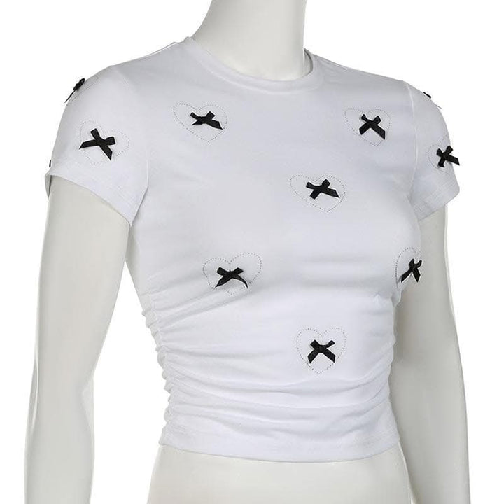 Short sleeve bowknot beaded ruched top-final-sale
