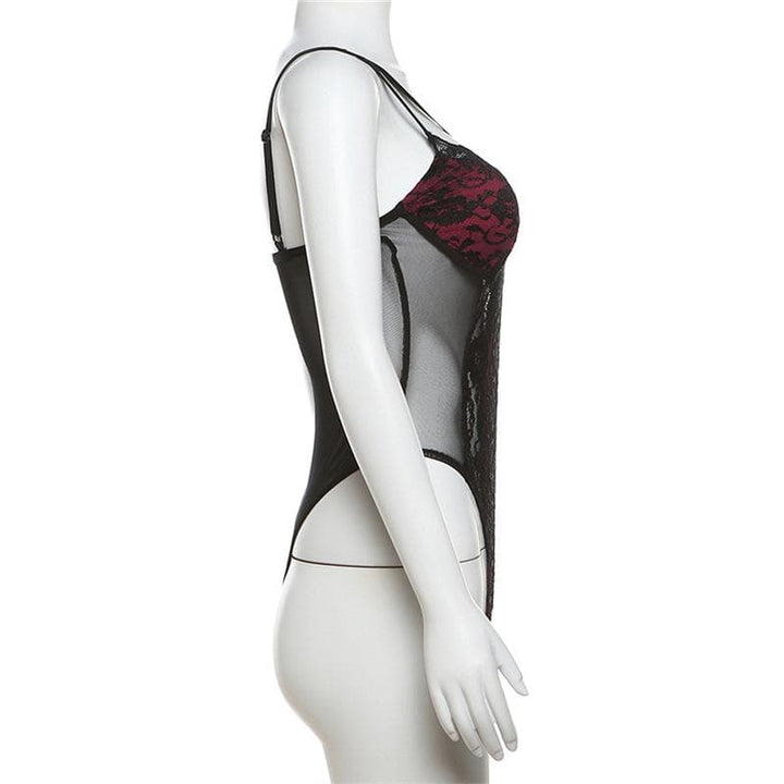 Kayan kwalliya na Patchwork v neck lace contrast bodysuit | Kayan bikin mata