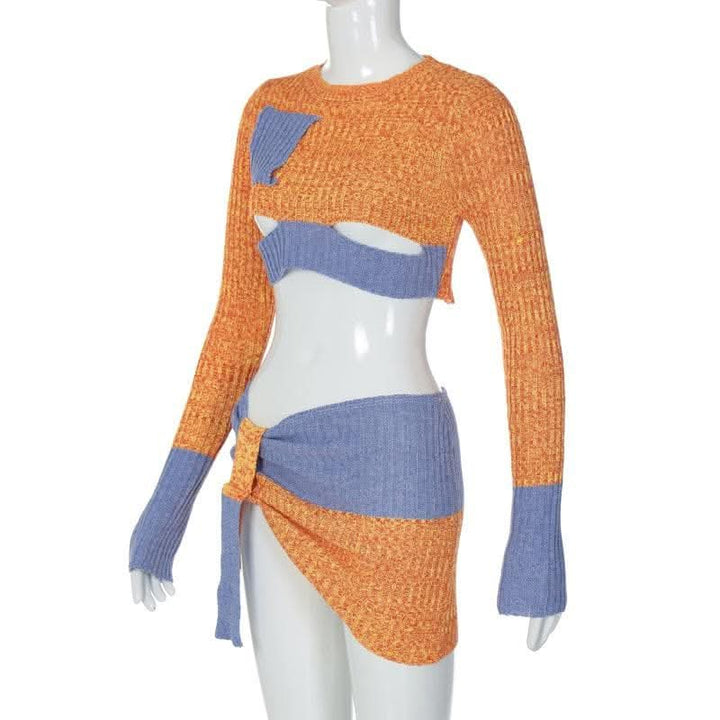 Knitted patchwork contrast long sleeve hollow out mini skirt set-final-sale
