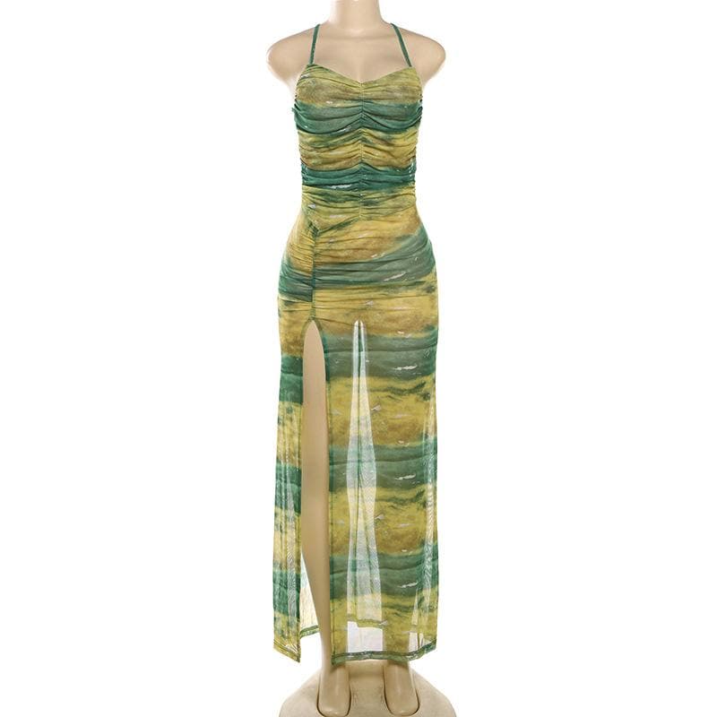 Sheer mesh contrast high slit ruched knotted cami maxi dress  | Festival Outfits Women