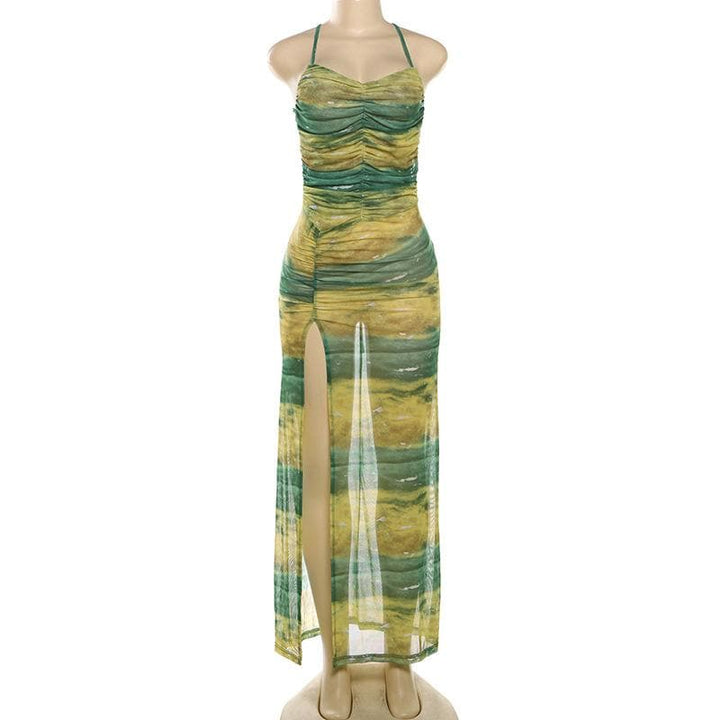Sheer mesh contrast high slit ruched knotted cami maxi dress  | Festival Outfits Women