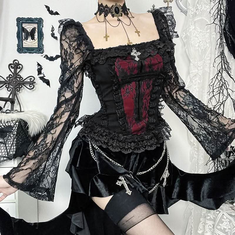 Long sleeve lace hem square neck self tie top-final-sale