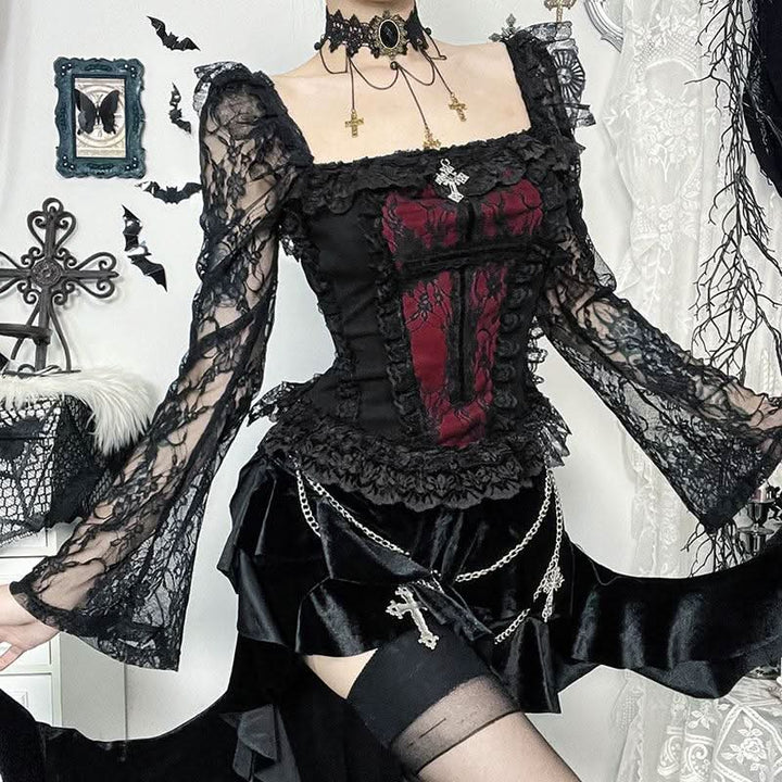 Long sleeve lace hem square neck self tie top-final-sale
