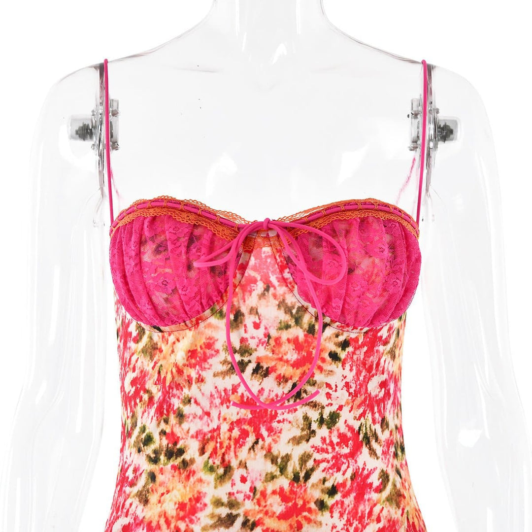 Lace patchwork ruffle knotted print cami midi dress  | Festival Outfits Women