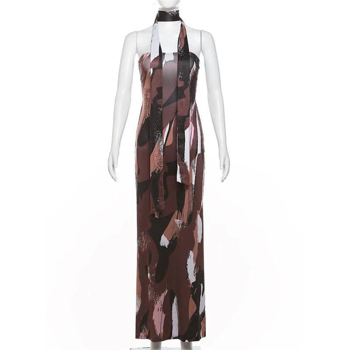 Print ruched backless hollow out tube cut out maxi dress-final-sale  | Festival Outfits Women