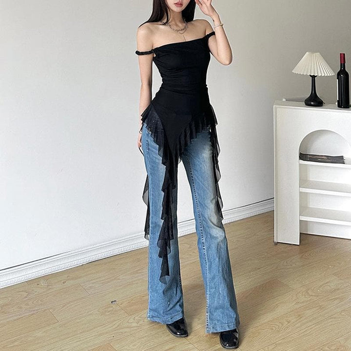 Off shoulder ruffle irregular mesh top  | Festival Outfits Women