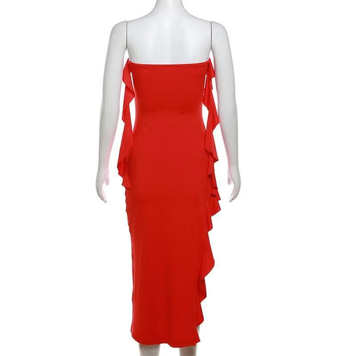 Ruffle high slit ruched irregular solid tube midi dress-final-sale  | Festival Outfits Women
