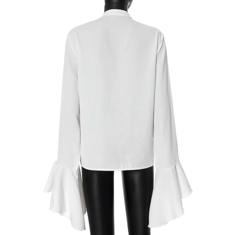 Long flared sleeve ruched ruffle button solid top-final-sale  | Festival Outfits Women