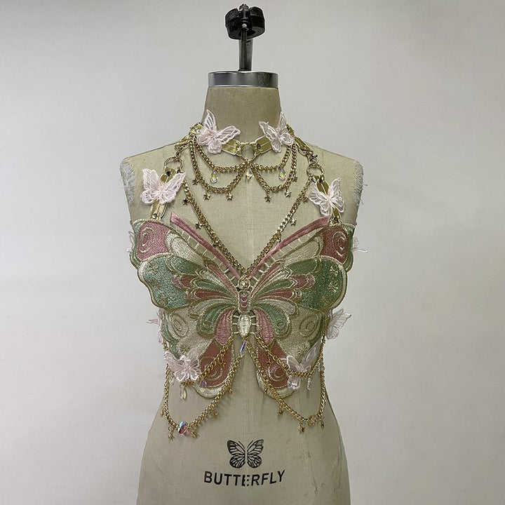Butterfly embroidery metal chain halter top with choker  | Festival Outfits Women