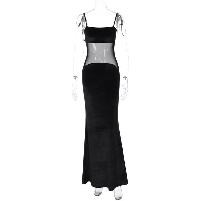 Self tie mesh patchwork backless velvet solid cami maxi dress-final-sale  | Festival Outfits Women