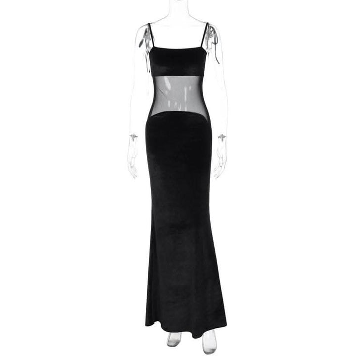 Self tie mesh patchwork backless velvet solid cami maxi dress-final-sale  | Festival Outfits Women