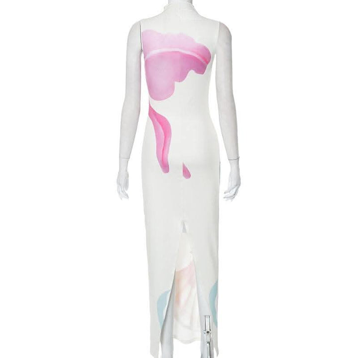 Abstract contrast print high neck sleeveless slit maxi dress-final-sale  | Festival Outfits Women