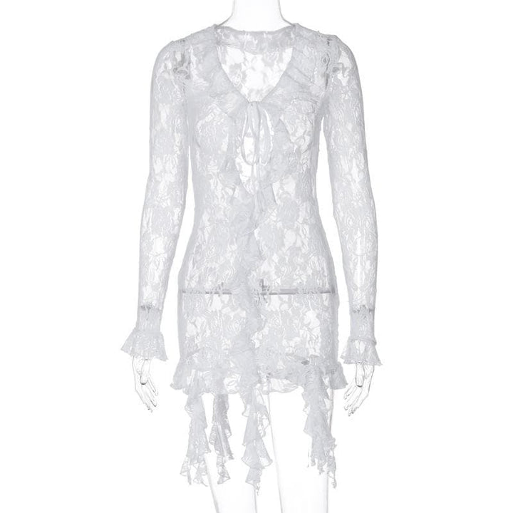 Long flared sleeve ruffle lace see through mini dress  | Festival Outfits Women