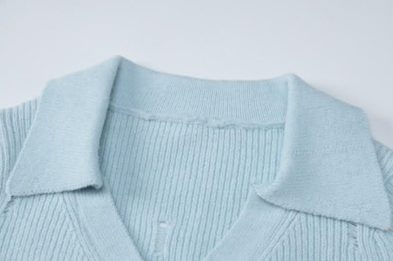 Button knitted solid long sleeve turnover collar mini skirt set-final-sale  | Festival Outfits Women